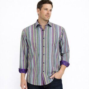 Visconti Uomo Mens Shirt Multicolor Printed Stripe Long Sleeve Flip Cuff Size L